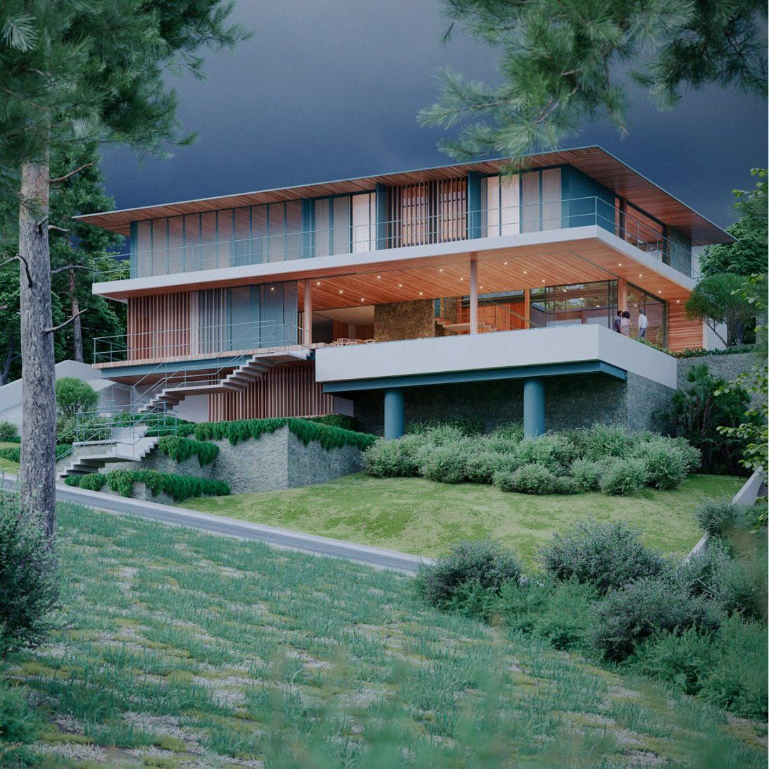 Residência Itaporã: casa em três níveis com beirais de madeira, em encosta arborizada
