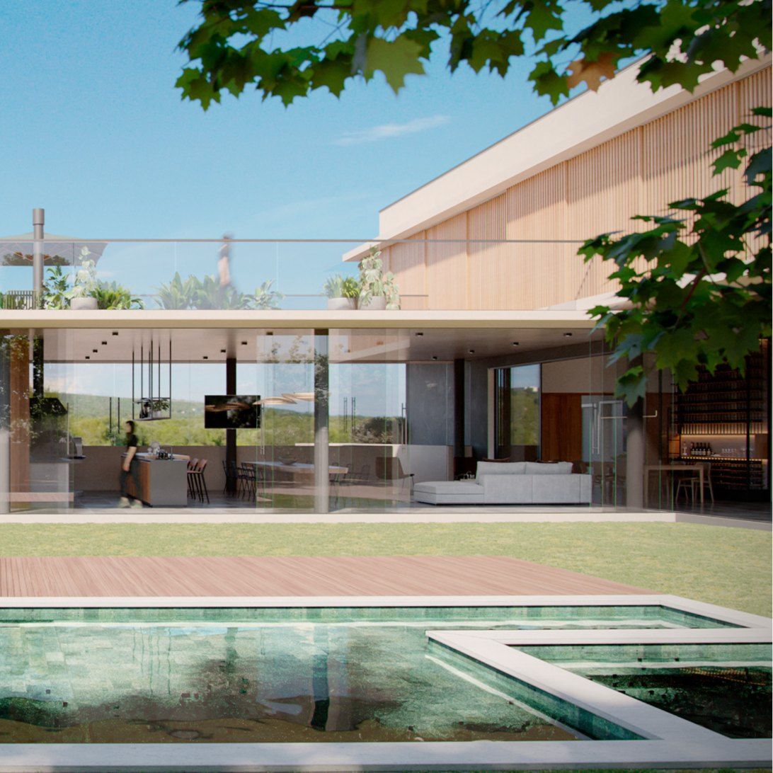 Casa LNM: área de lazer com piscina, espaço gourmet integrado e terraço-jardim no pavimento superior