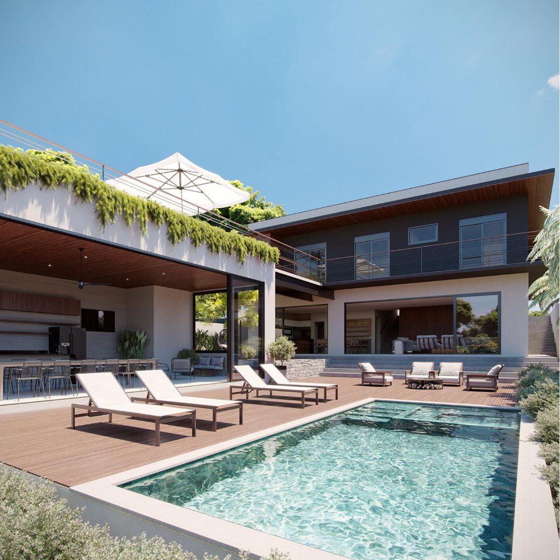 Residência LTM: deck de madeira e piscina diante da casa, com área gourmet coberta
