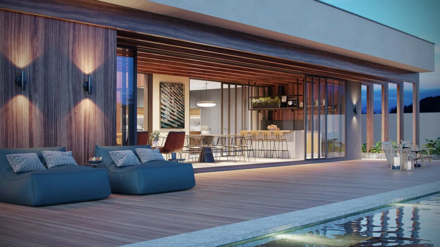 Casa RVM: deck de madeira junto à piscina, com forro e painéis de madeira